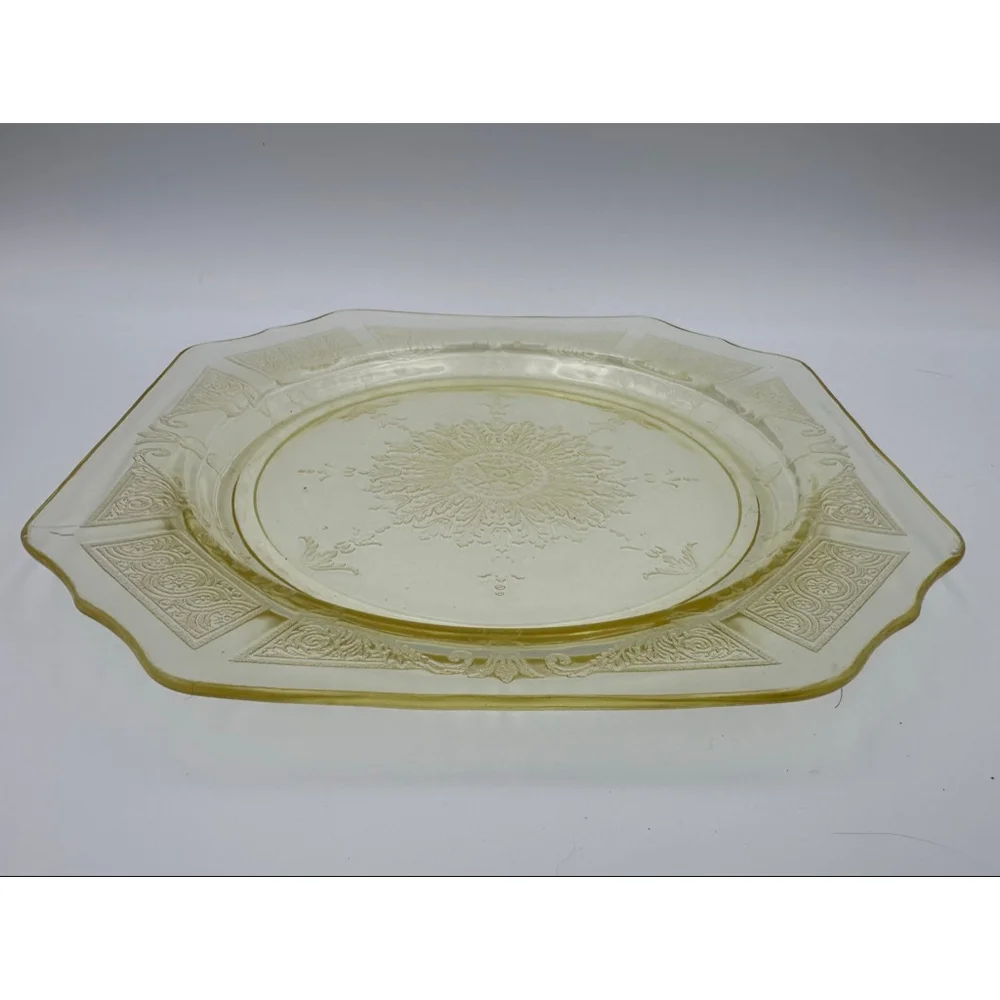 Lancaster Glass | 1930s Jubilee Etched Dinner Plate | Uranium Yellow | 9”